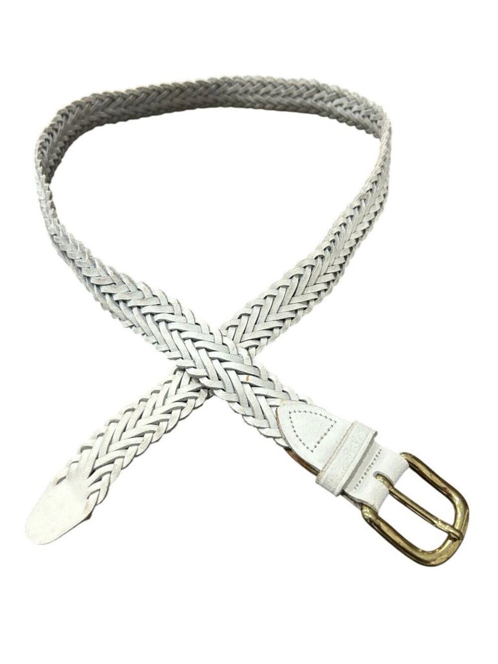 Medium Braided White Genuine Leather Belt Gold Buckle Vintage Old Money